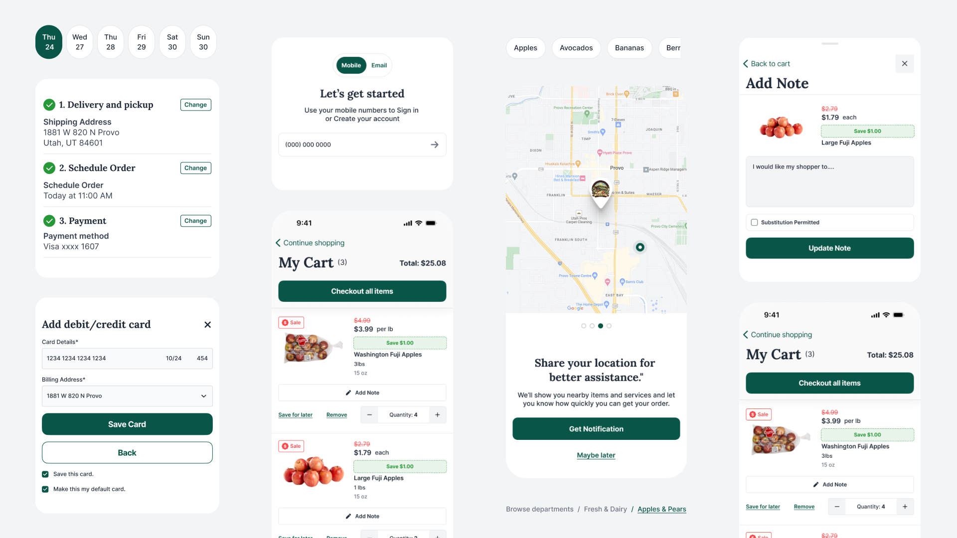 Mobile app checkout and onboarding screens.